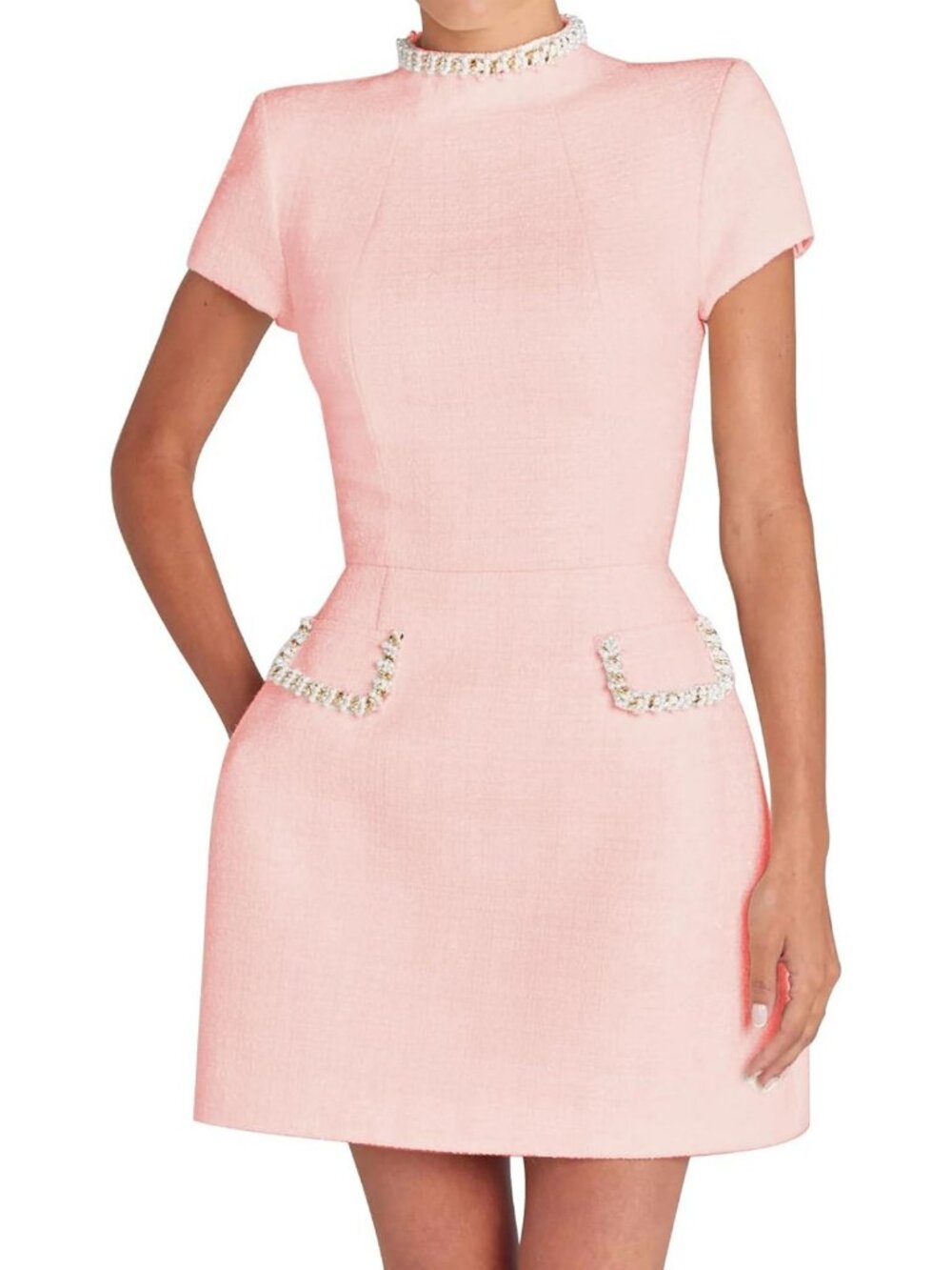 Sexy High Neck Mini Dress with Pearls | Short Sleeve Bodycon Party Dress